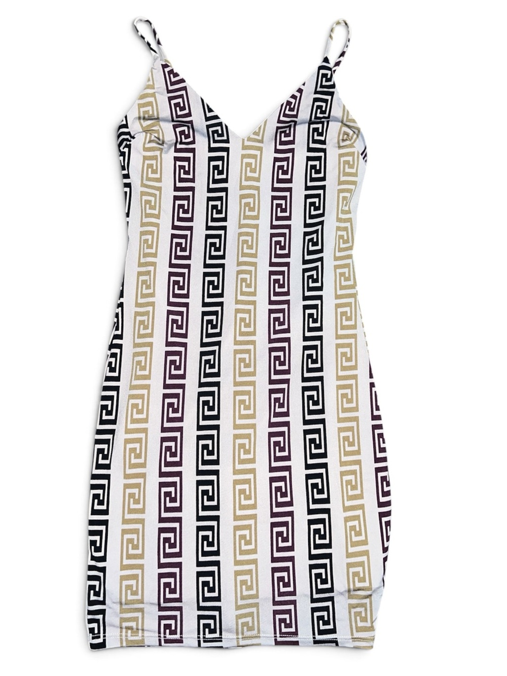 Fashion Nova White Striped Geometric Slip Dress with Black & Gold Accents